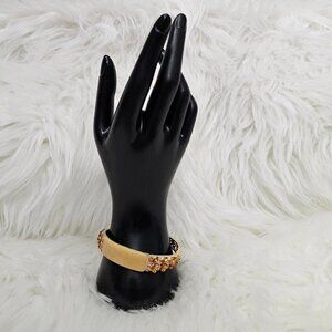 Gold Tone Yellow Aventurine Glass Austrian Crystal New Hinged Bangle Bracelet